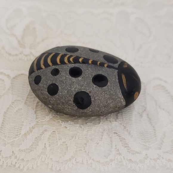 Painted Elegant Black Gray and Gold Ladybug Rock, hand painted ladybug Rock - Picture 8 of 8